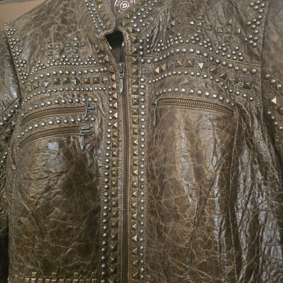 Double D Ranch Olive Studded Biker Leather Jacket Exc. Condition! Unique! Medium - Picture 3 of 7